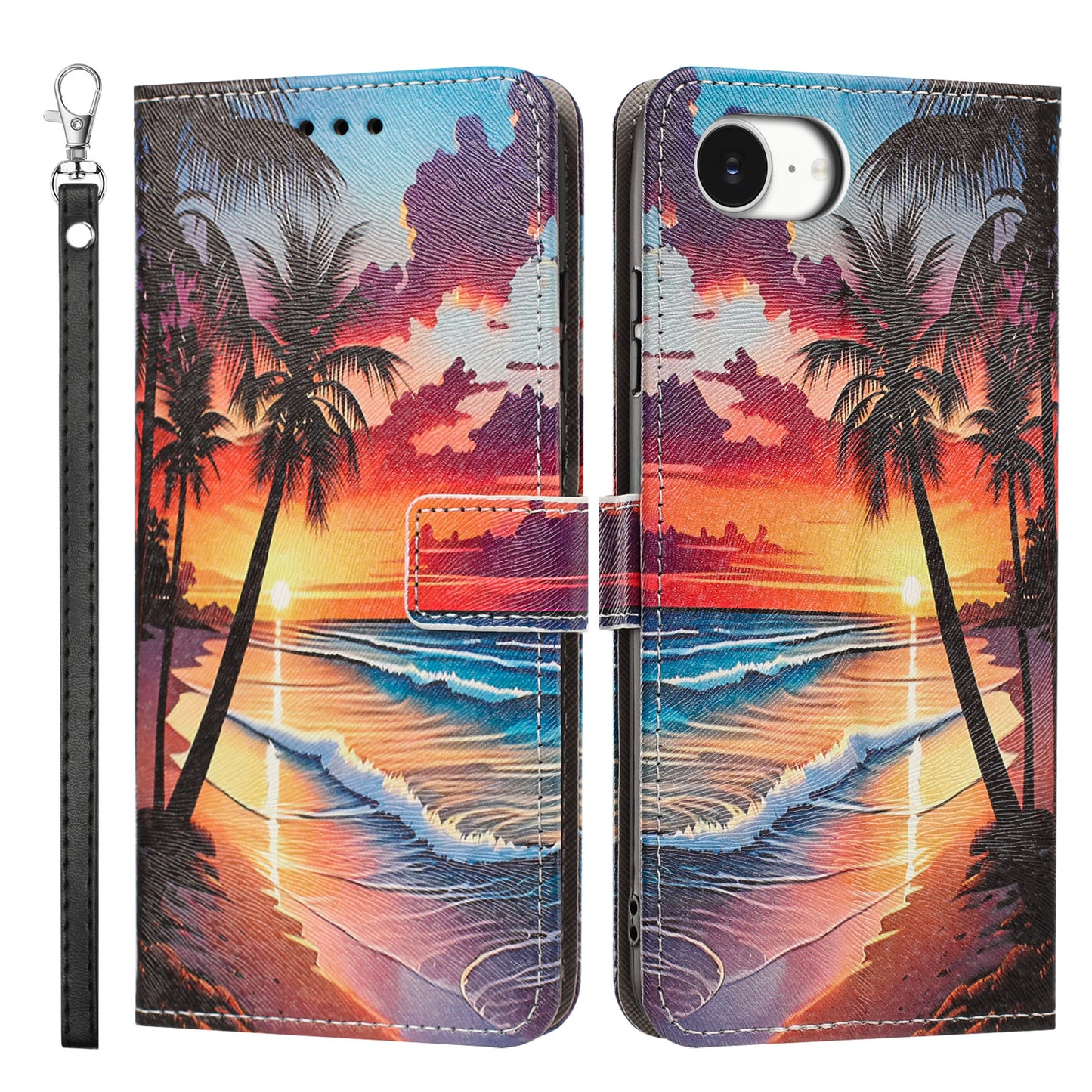 For iPhone 16e / iPhone 17e Case Pattern Printing PU Leather Flip Wallet Phone Cover with Wrist Strap