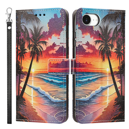 For iPhone 16e / iPhone 17e Case Pattern Printing PU Leather Flip Wallet Phone Cover with Wrist Strap