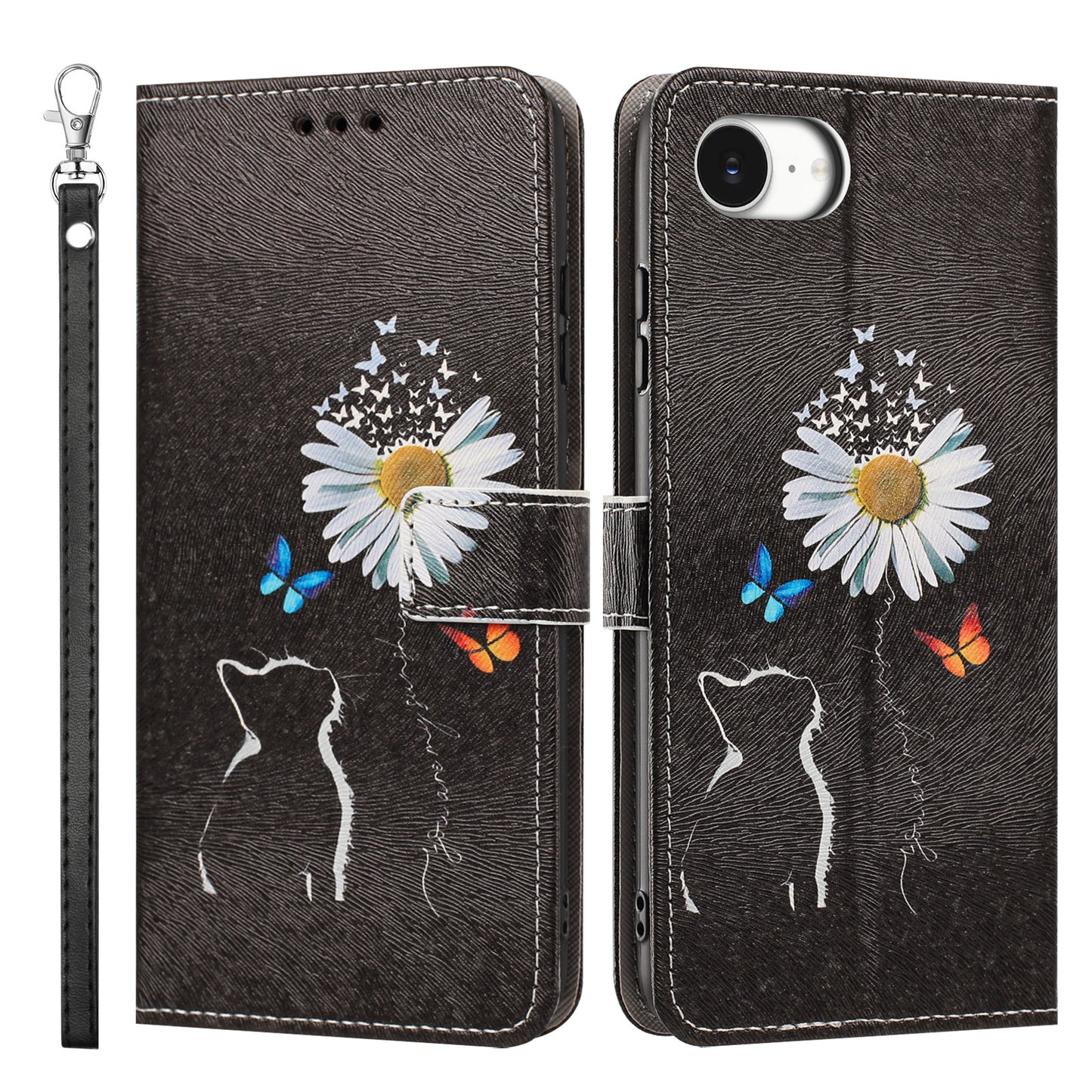 For iPhone 16e / iPhone 17e Case Pattern Printing PU Leather Flip Wallet Phone Cover with Wrist Strap