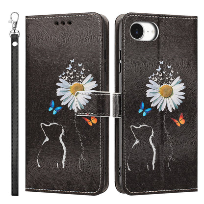 For iPhone 16e / iPhone 17e Case Pattern Printing PU Leather Flip Wallet Phone Cover with Wrist Strap