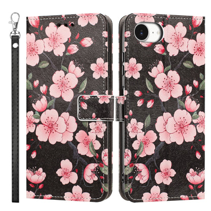 For iPhone 16e / iPhone 17e Case Pattern Printing PU Leather Flip Wallet Phone Cover with Wrist Strap