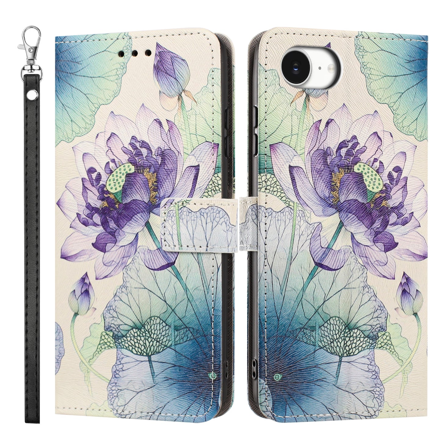 For iPhone 16e / iPhone 17e Case Pattern Printing PU Leather Flip Wallet Phone Cover with Wrist Strap