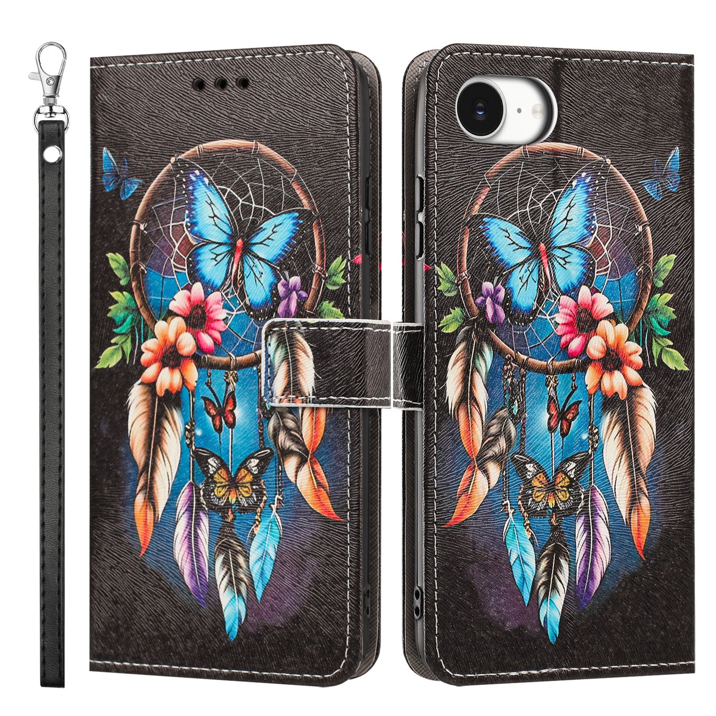 For iPhone 16e / iPhone 17e Case Pattern Printing PU Leather Flip Wallet Phone Cover with Wrist Strap