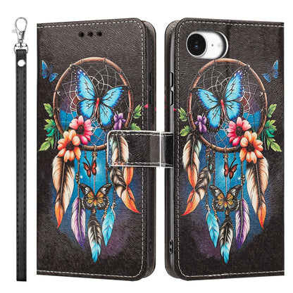 For iPhone 16e / iPhone 17e Case Pattern Printing PU Leather Flip Wallet Phone Cover with Wrist Strap