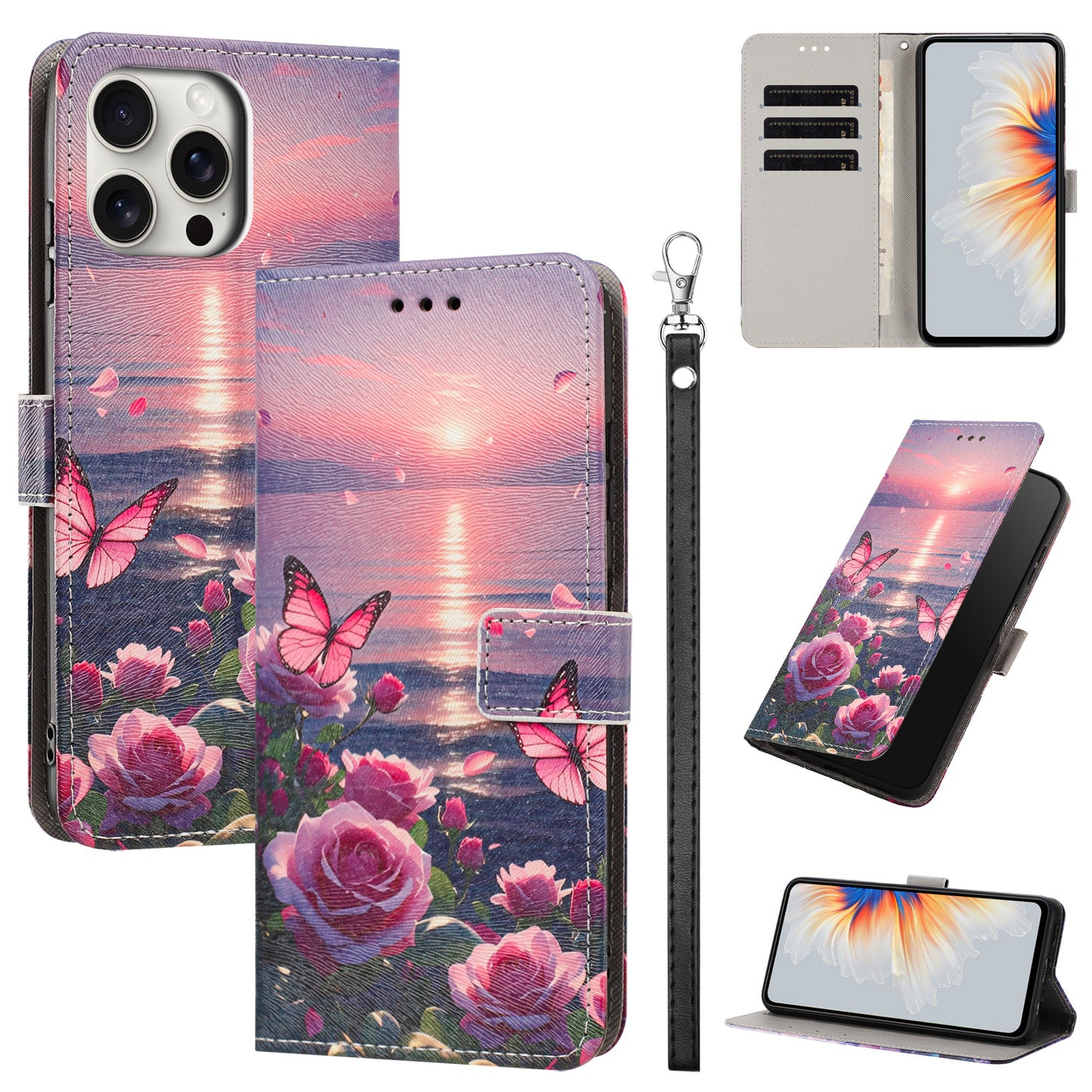For iPhone 16 Pro Max Case Pattern Printing PU Leather Flip Wallet Phone Cover with Wrist Strap