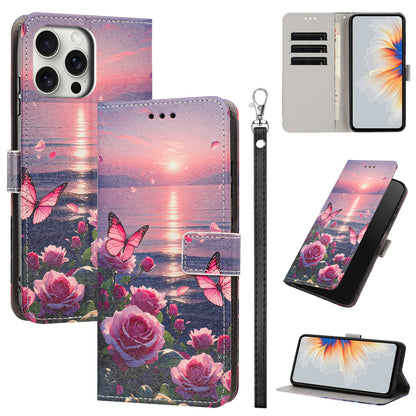 For iPhone 16 Pro Max Case Pattern Printing PU Leather Flip Wallet Phone Cover with Wrist Strap