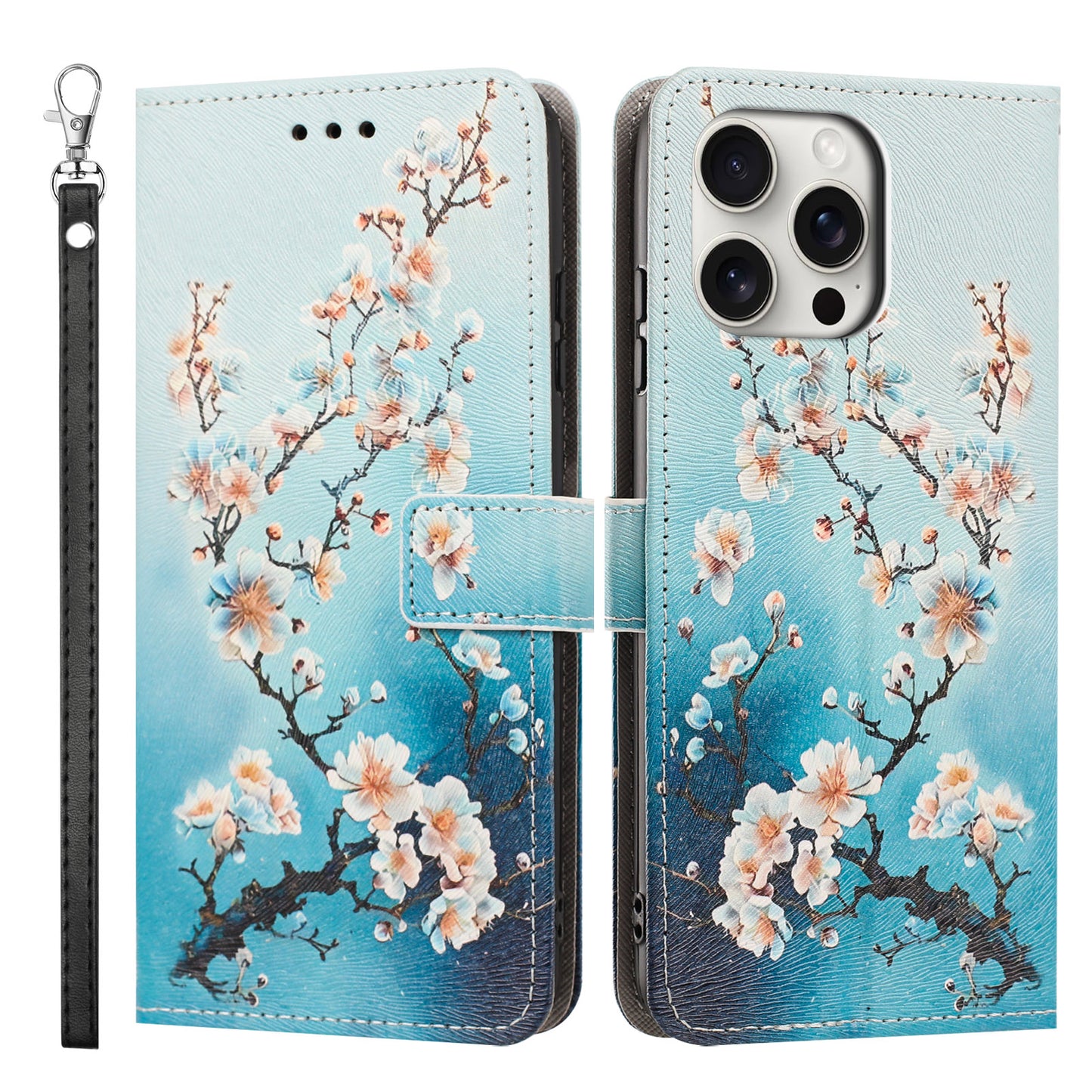 For iPhone 16 Pro Max Case Pattern Printing PU Leather Flip Wallet Phone Cover with Wrist Strap