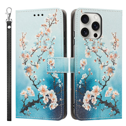 For iPhone 16 Pro Max Case Pattern Printing PU Leather Flip Wallet Phone Cover with Wrist Strap