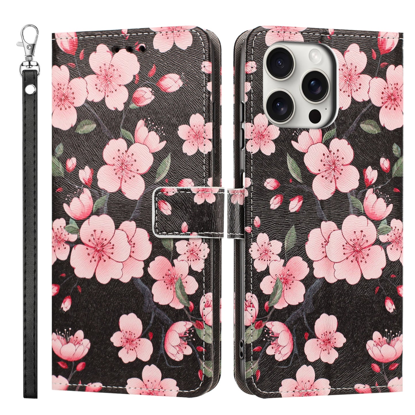 For iPhone 16 Pro Max Case Pattern Printing PU Leather Flip Wallet Phone Cover with Wrist Strap