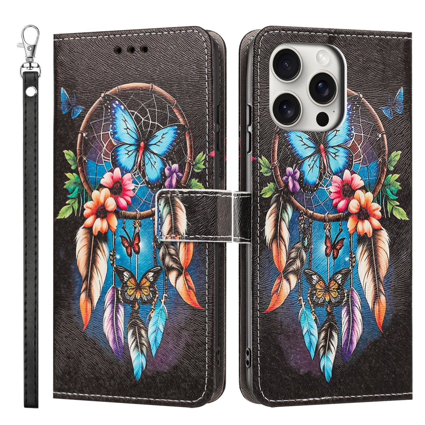 For iPhone 16 Pro Max Case Pattern Printing PU Leather Flip Wallet Phone Cover with Wrist Strap