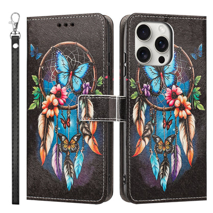 For iPhone 16 Pro Max Case Pattern Printing PU Leather Flip Wallet Phone Cover with Wrist Strap