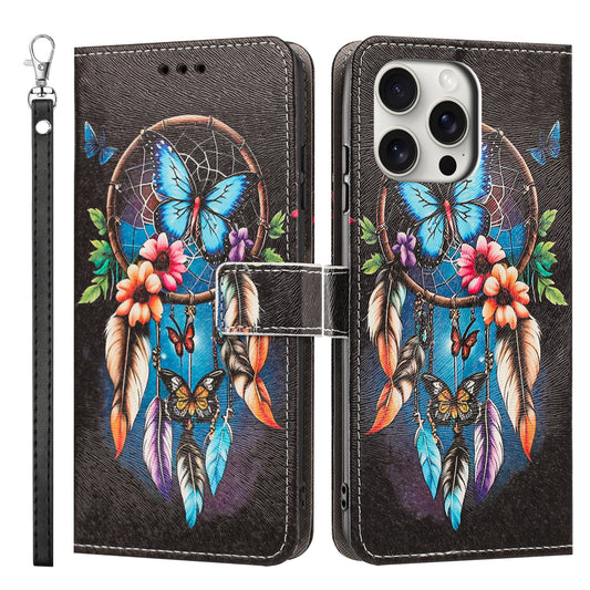 For iPhone 16 Pro Max Case Pattern Printing PU Leather Flip Wallet Phone Cover with Wrist Strap