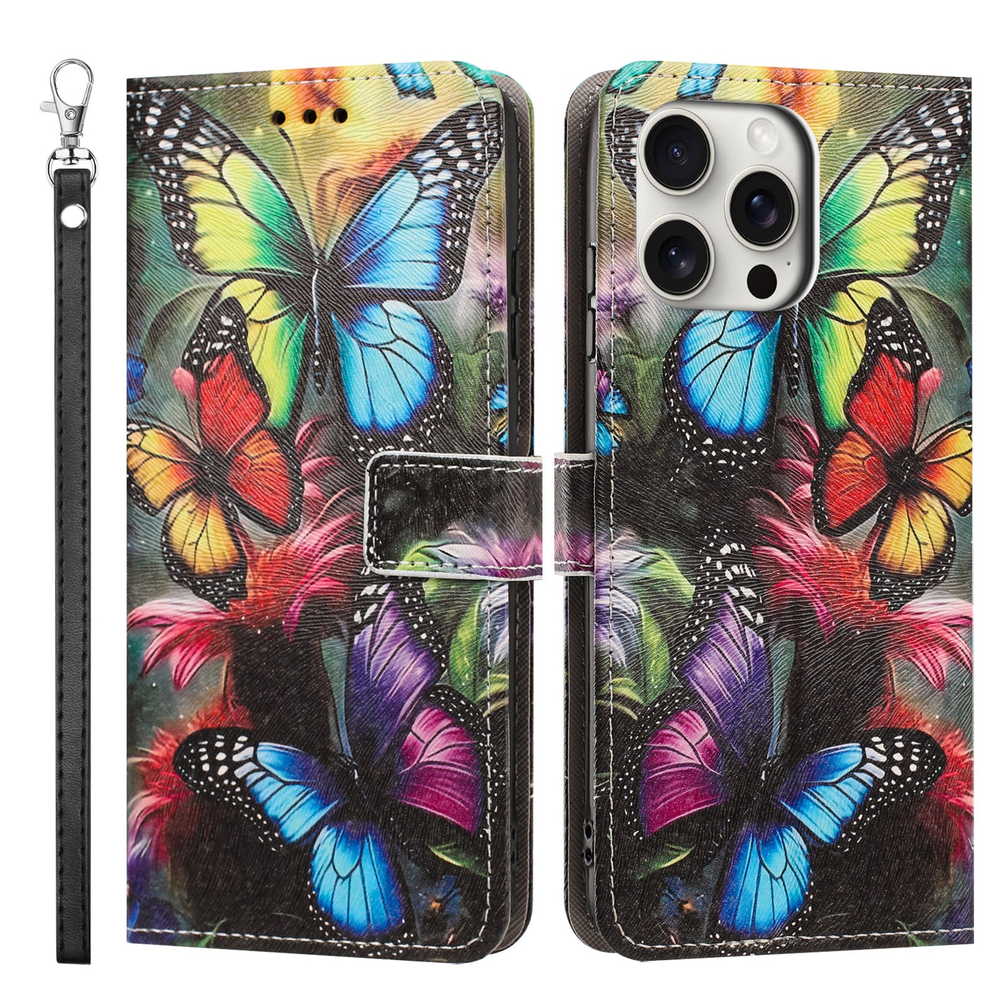 For iPhone 16 Pro Max Case Pattern Printing PU Leather Flip Wallet Phone Cover with Wrist Strap