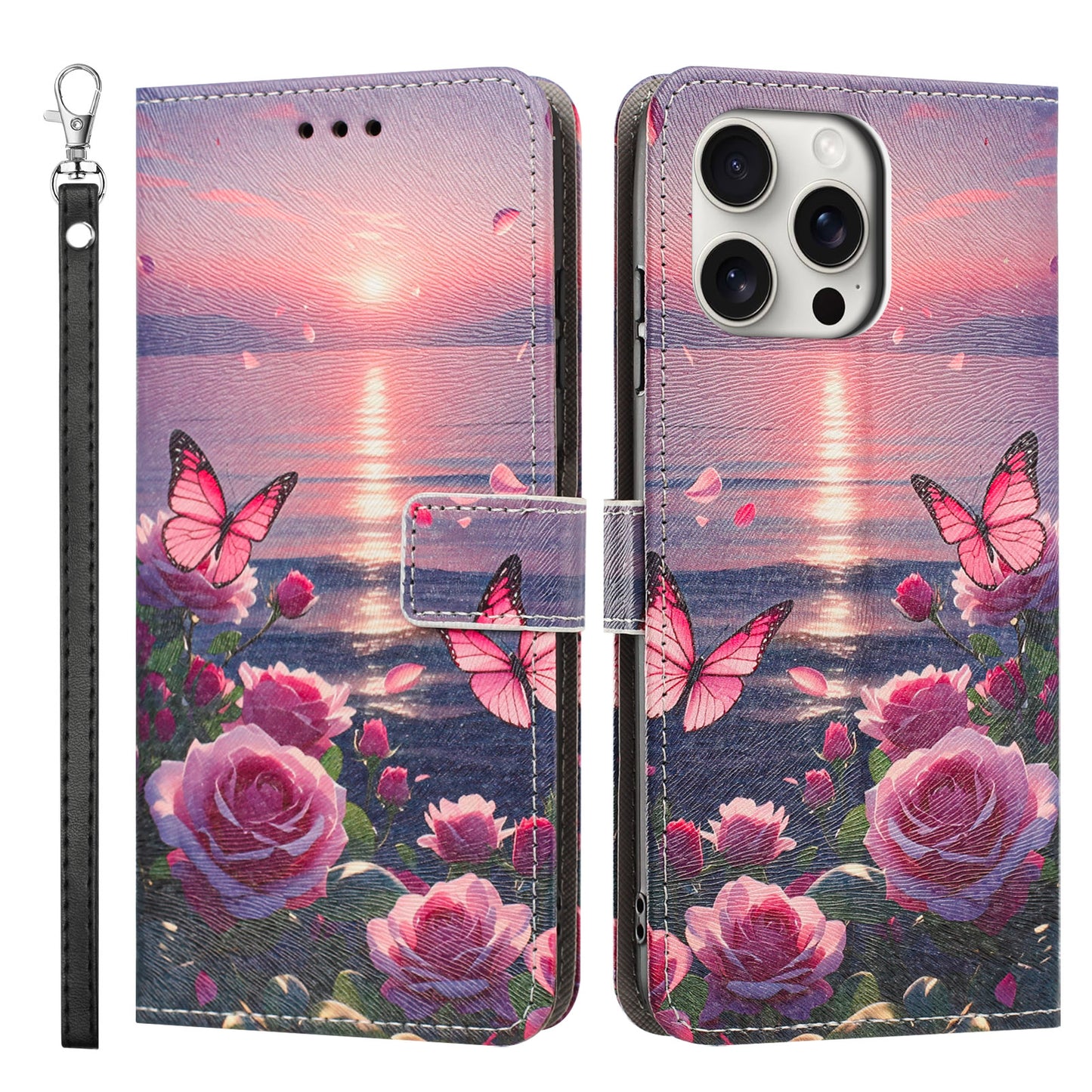 For iPhone 16 Pro Case Pattern Printing PU Leather Flip Wallet Phone Cover with Wrist Strap