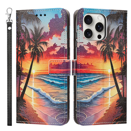 For iPhone 16 Pro Case Pattern Printing PU Leather Flip Wallet Phone Cover with Wrist Strap