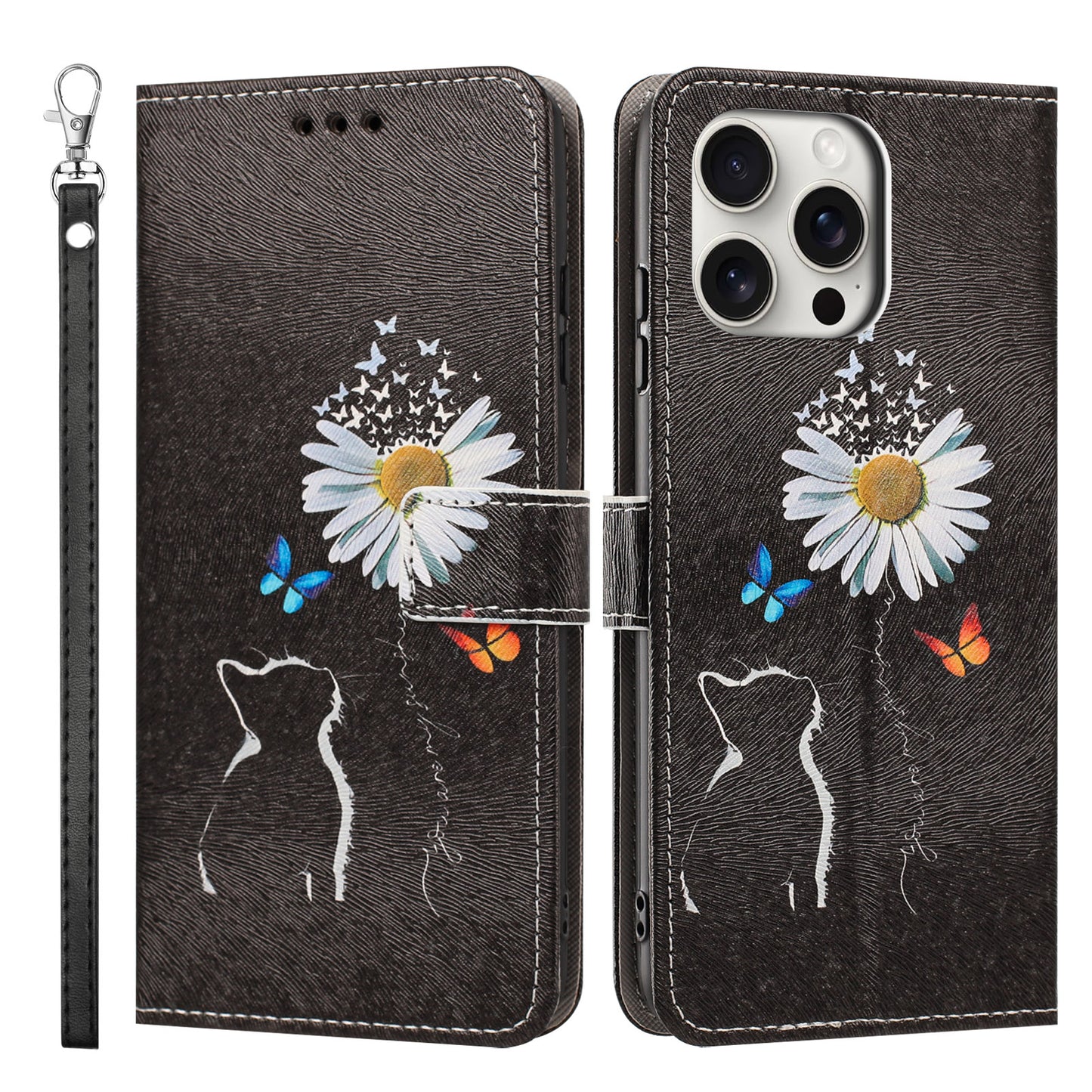 For iPhone 16 Pro Case Pattern Printing PU Leather Flip Wallet Phone Cover with Wrist Strap