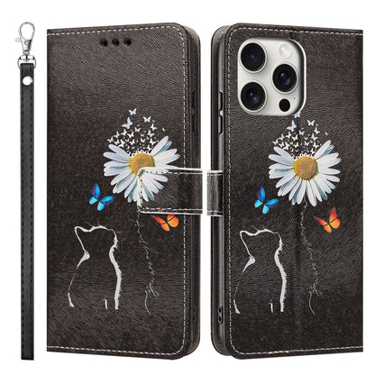 For iPhone 16 Pro Case Pattern Printing PU Leather Flip Wallet Phone Cover with Wrist Strap