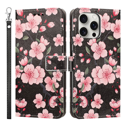 For iPhone 16 Pro Case Pattern Printing PU Leather Flip Wallet Phone Cover with Wrist Strap