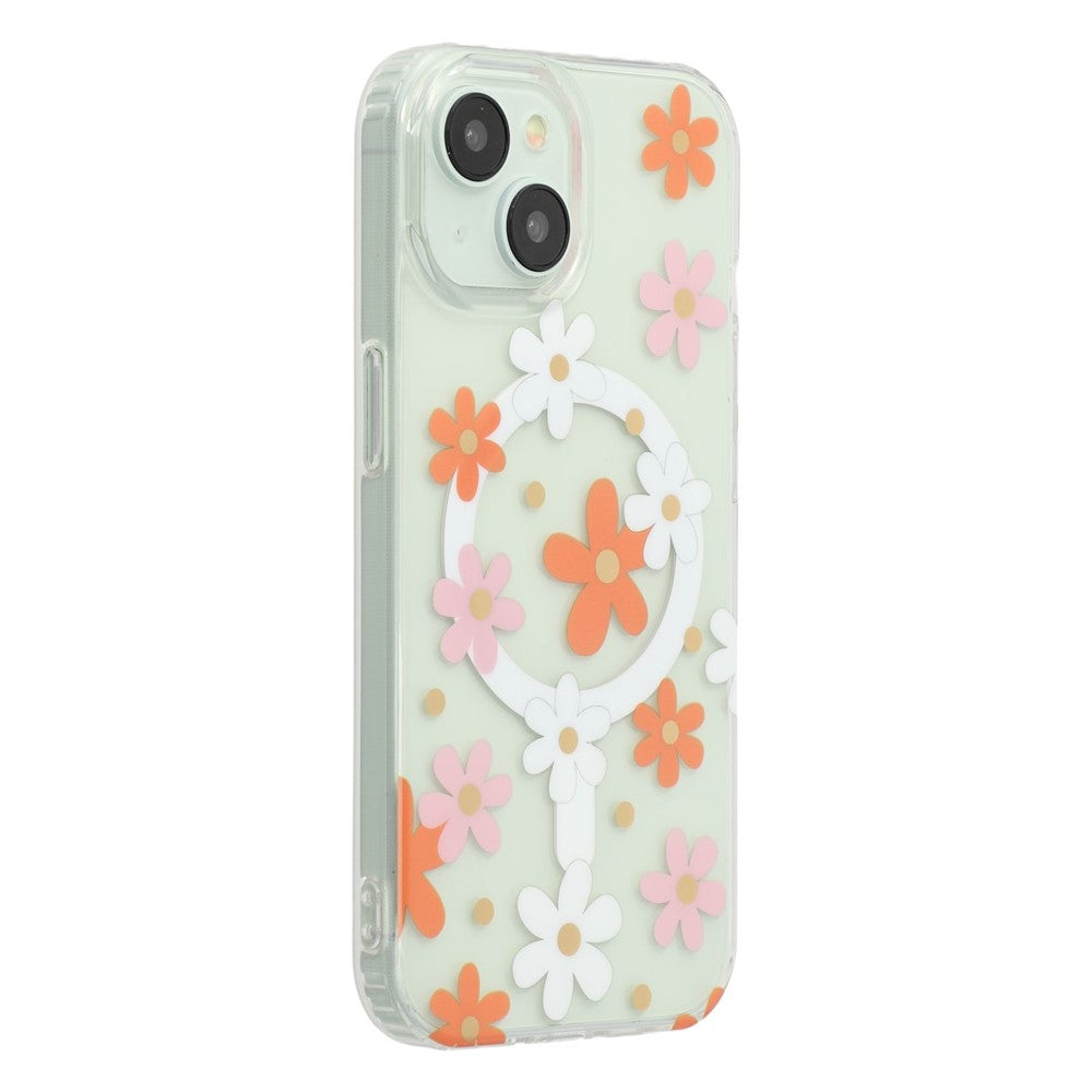 For iPhone 14 Magnetic Case IMD Flower Pattern TPU + PC Clear Back Phone Cover
