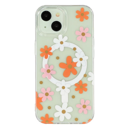 For iPhone 14 Magnetic Case IMD Flower Pattern TPU + PC Clear Back Phone Cover