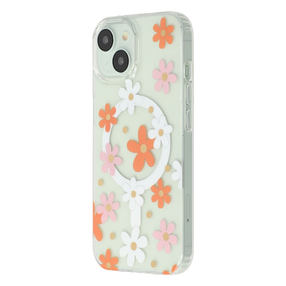 For iPhone 14 Magnetic Case IMD Flower Pattern TPU + PC Clear Back Phone Cover