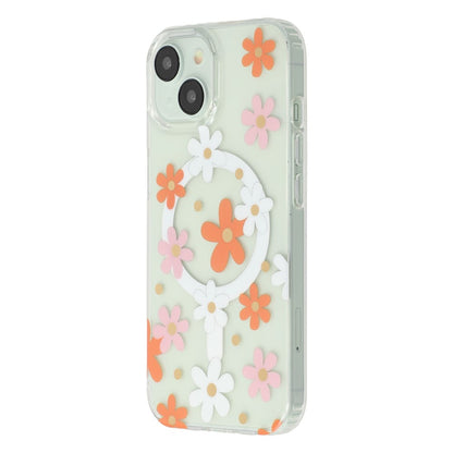 For iPhone 14 Magnetic Case IMD Flower Pattern TPU + PC Clear Back Phone Cover