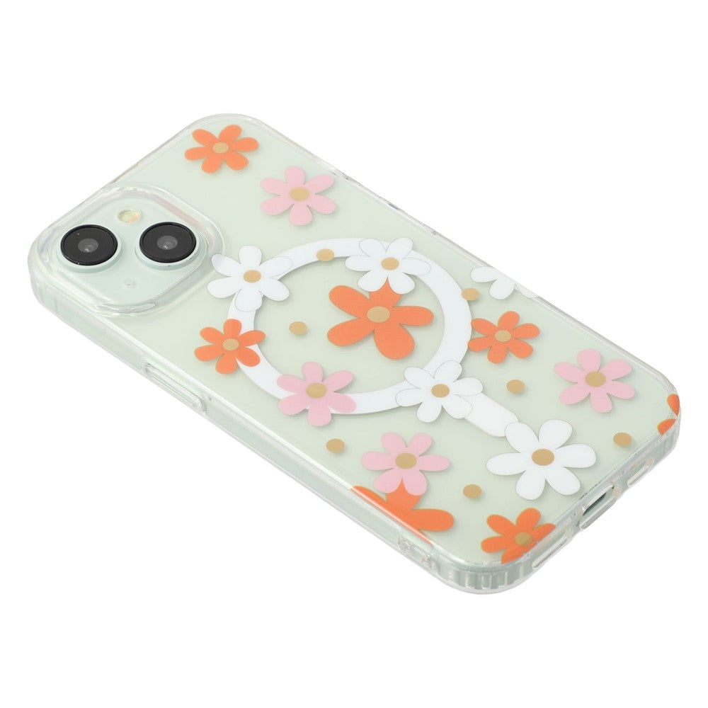 For iPhone 14 Magnetic Case IMD Flower Pattern TPU + PC Clear Back Phone Cover