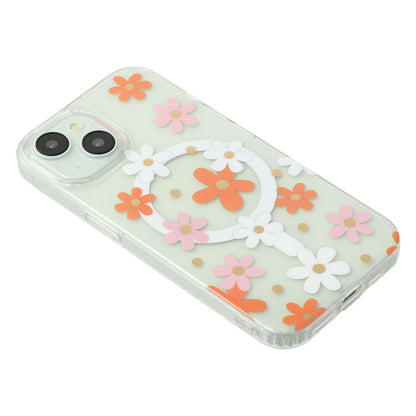For iPhone 14 Magnetic Case IMD Flower Pattern TPU + PC Clear Back Phone Cover