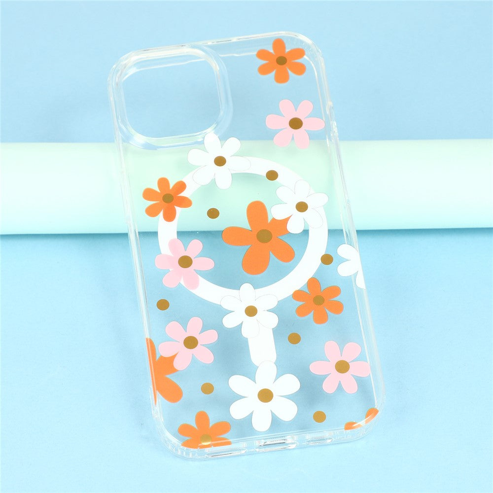For iPhone 14 Magnetic Case IMD Flower Pattern TPU + PC Clear Back Phone Cover