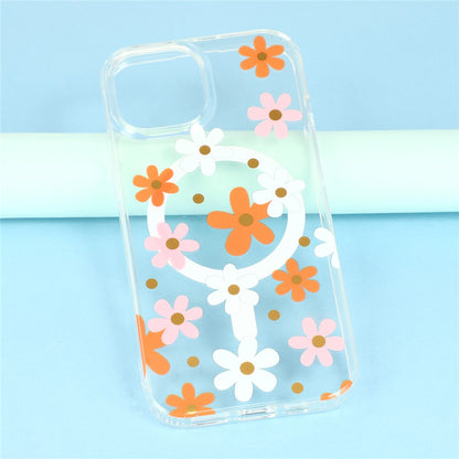 For iPhone 14 Magnetic Case IMD Flower Pattern TPU + PC Clear Back Phone Cover