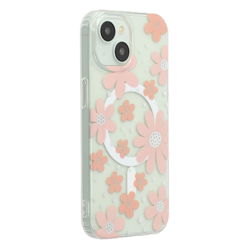 For iPhone 14 Magnetic Case IMD Flower Pattern TPU + PC Clear Back Phone Cover