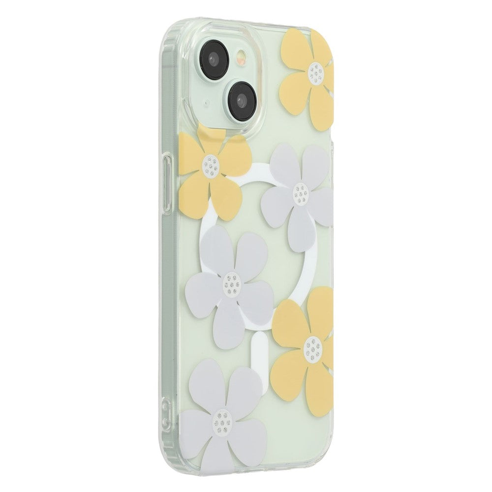 For iPhone 14 Magnetic Case IMD Flower Pattern TPU + PC Clear Back Phone Cover