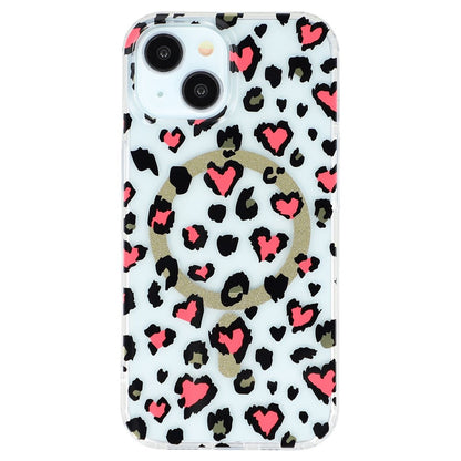 For iPhone 14 Magnetic Case Clear Anti-Yellowing PC + TPU Phone Back Cover Leopard Print Design