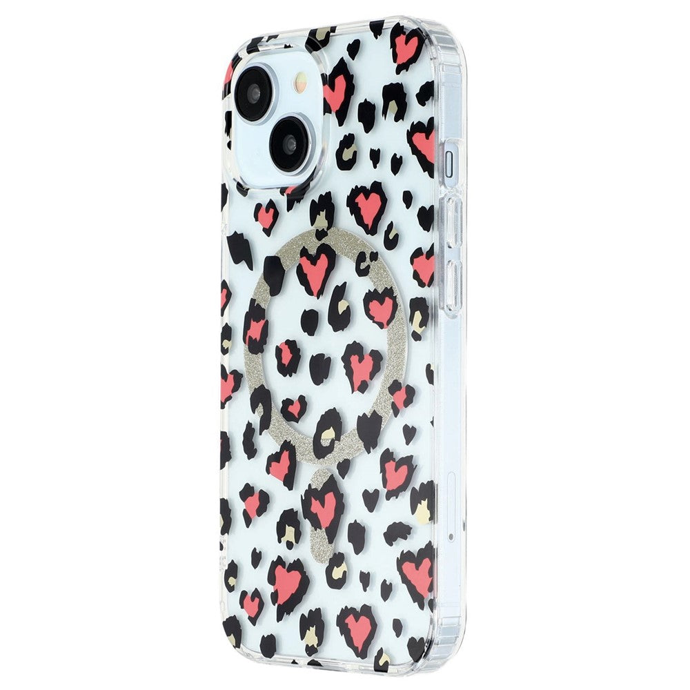 For iPhone 14 Magnetic Case Clear Anti-Yellowing PC + TPU Phone Back Cover Leopard Print Design