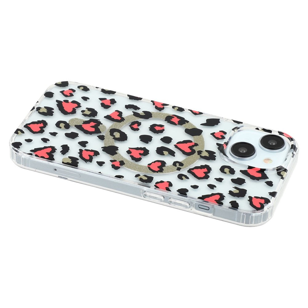 For iPhone 14 Magnetic Case Clear Anti-Yellowing PC + TPU Phone Back Cover Leopard Print Design