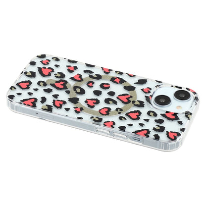 For iPhone 14 Magnetic Case Clear Anti-Yellowing PC + TPU Phone Back Cover Leopard Print Design
