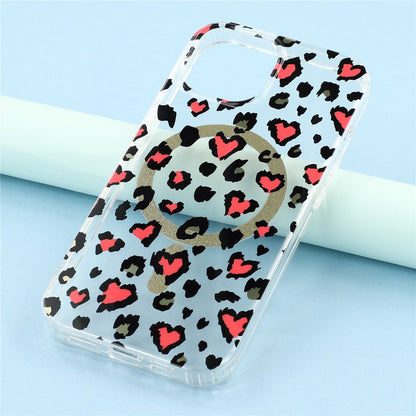 For iPhone 14 Magnetic Case Clear Anti-Yellowing PC + TPU Phone Back Cover Leopard Print Design