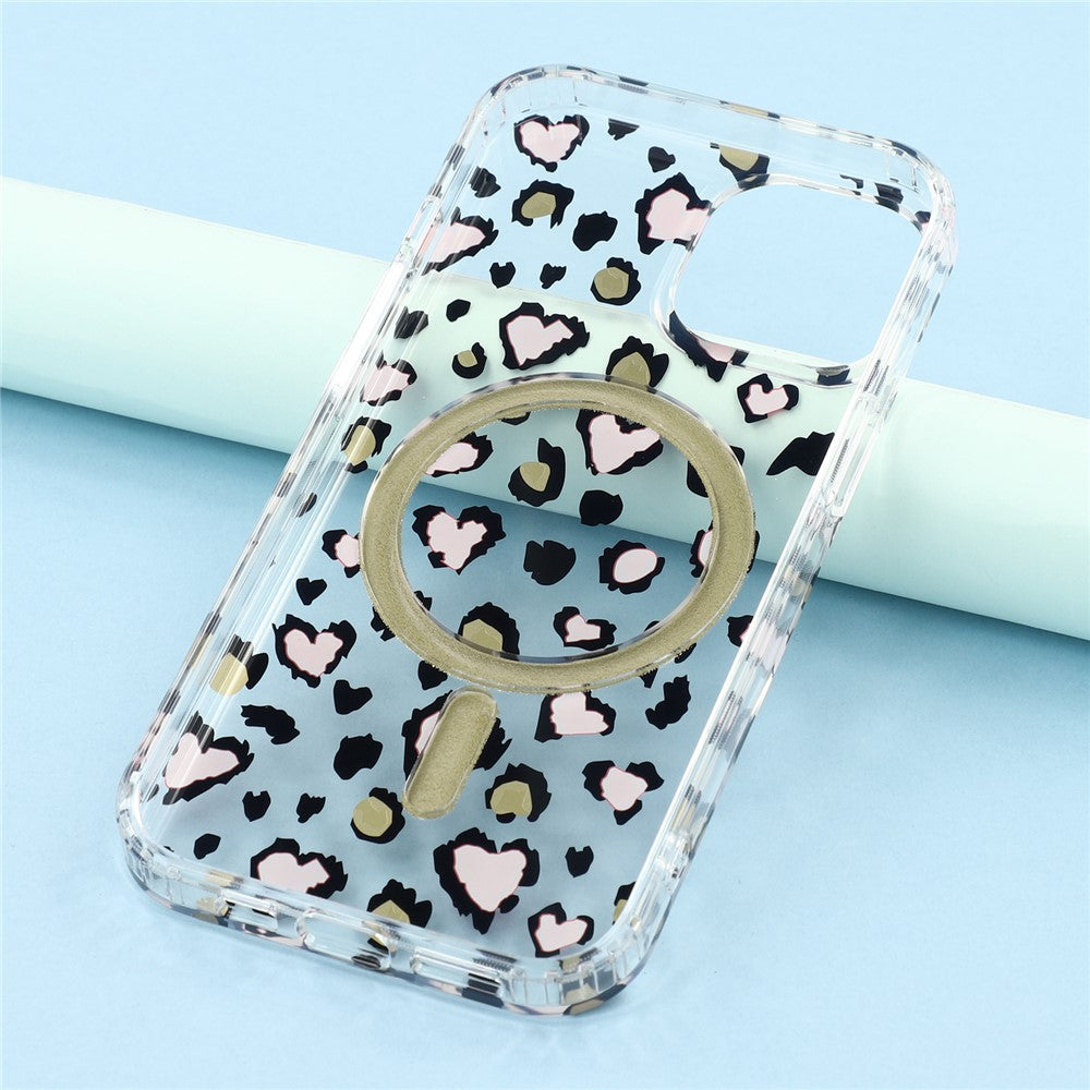 For iPhone 14 Magnetic Case Clear Anti-Yellowing PC + TPU Phone Back Cover Leopard Print Design