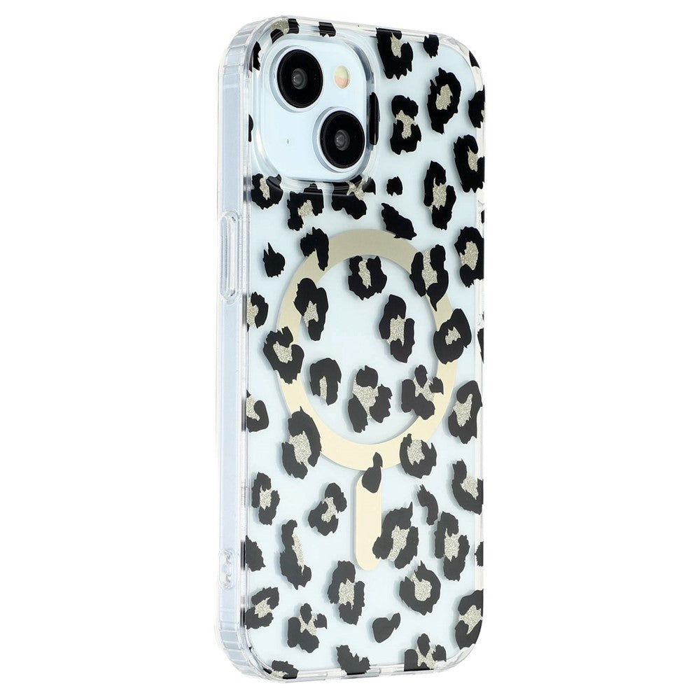For iPhone 14 Magnetic Case Clear Anti-Yellowing PC + TPU Phone Back Cover Leopard Print Design