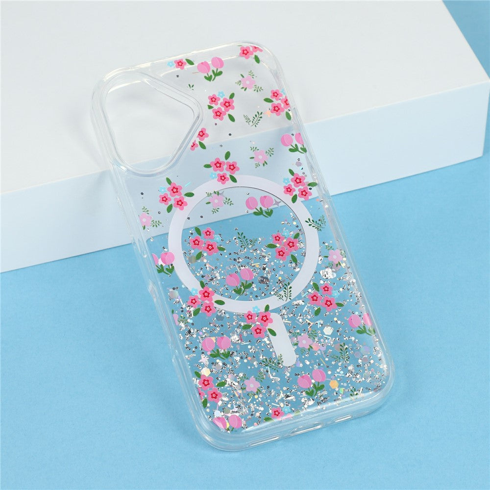 For iPhone 16 Magnetic Case Glitter Epoxy Clear TPU Shockproof Phone Cover Compatible with MagSafe