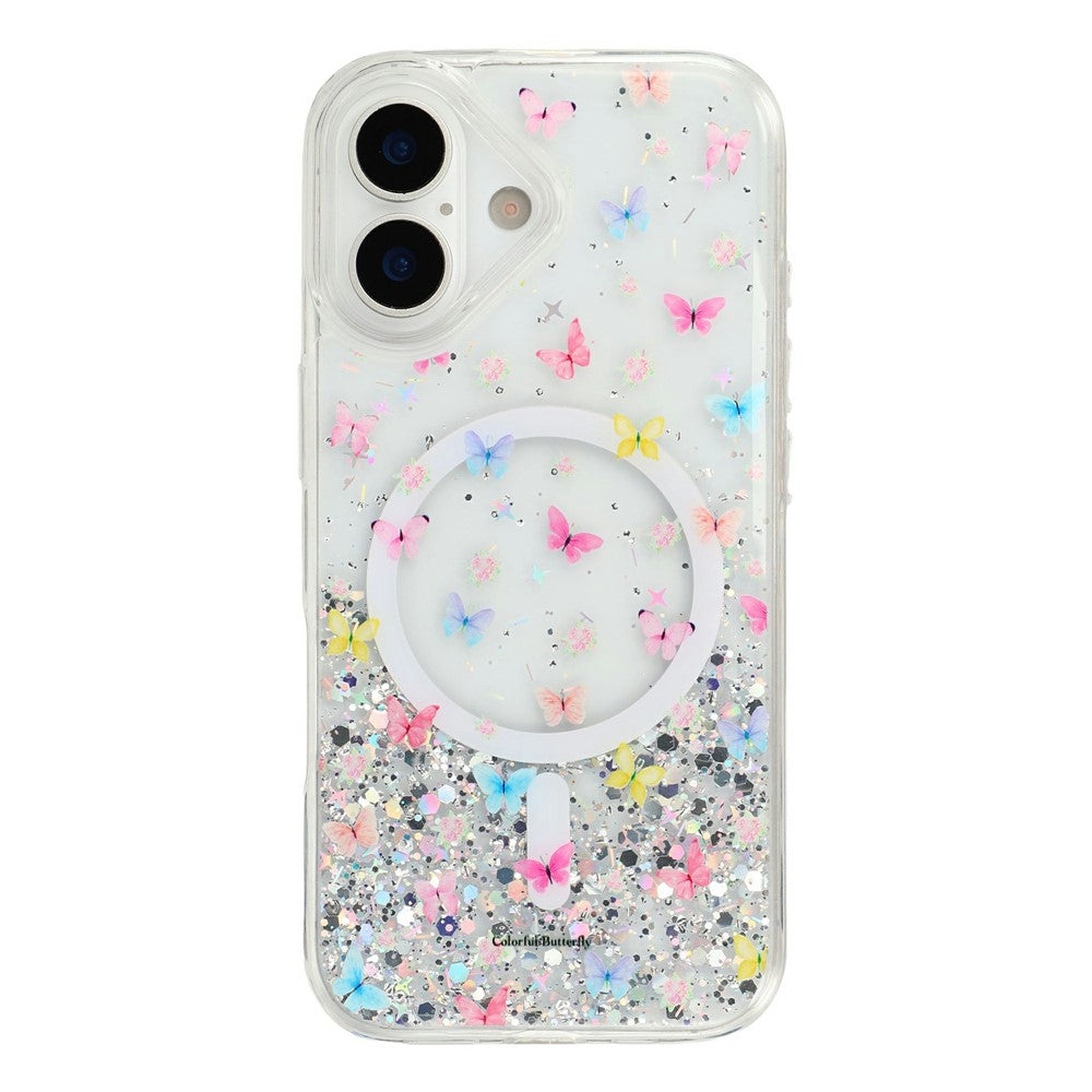 For iPhone 16 Magnetic Case Glitter Epoxy Clear TPU Shockproof Phone Cover Compatible with MagSafe