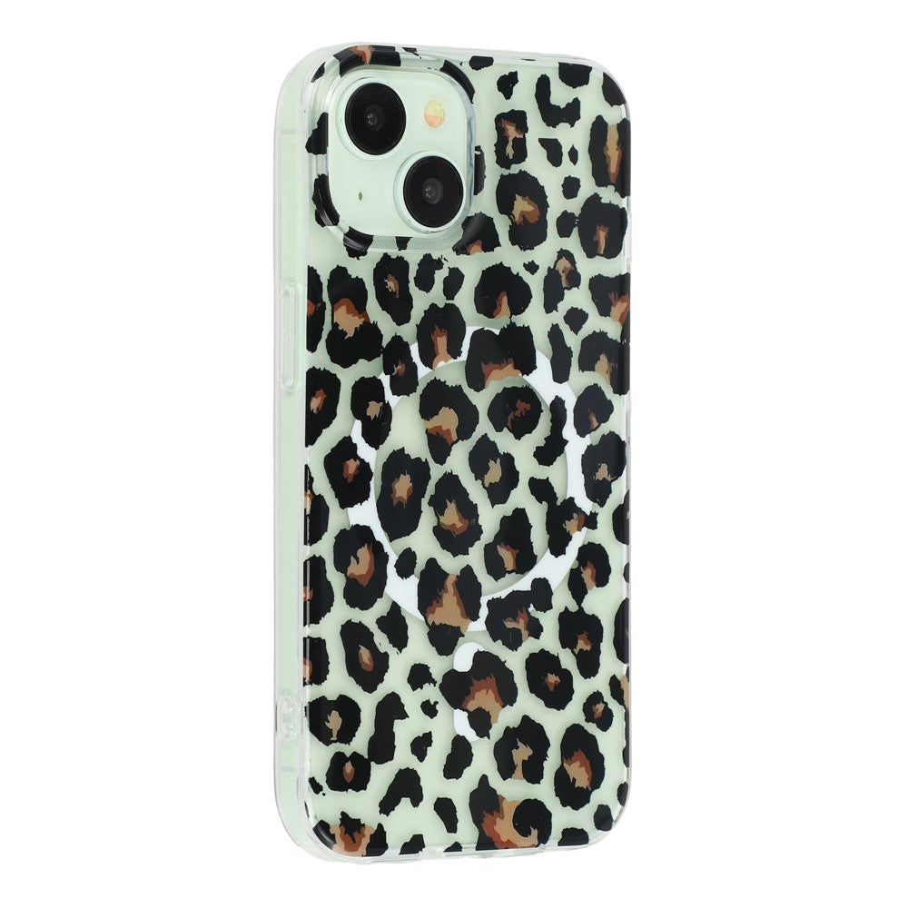 For iPhone 14 / 13 Magnetic Case Hollow Leopard Print Design TPU PC Phone Back Cover