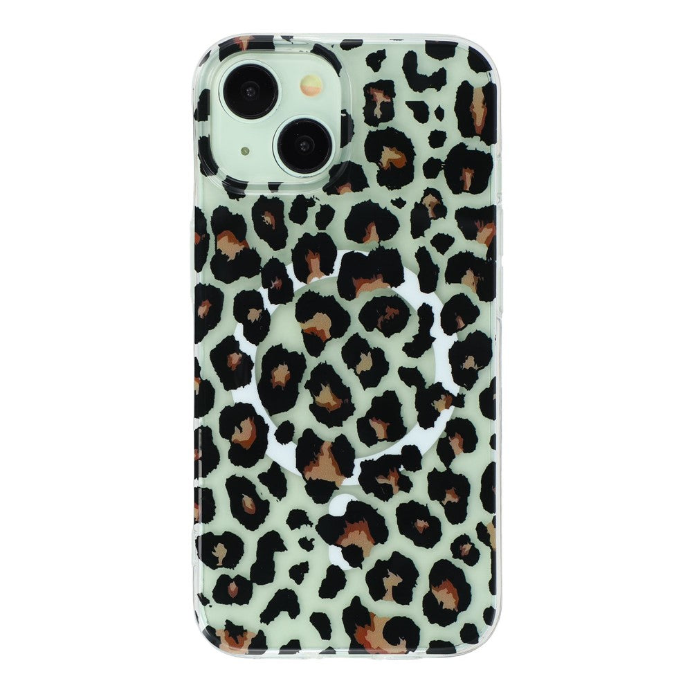 For iPhone 14 / 13 Magnetic Case Hollow Leopard Print Design TPU PC Phone Back Cover