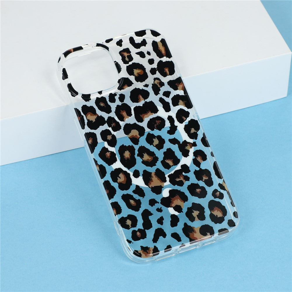For iPhone 14 / 13 Magnetic Case Hollow Leopard Print Design TPU PC Phone Back Cover