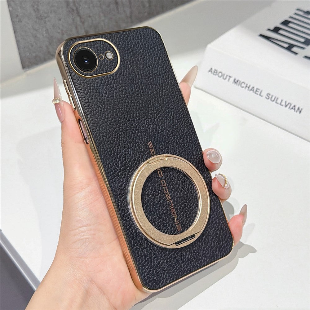 Magnetic Case For iPhone 17e  /  16e Litchi Pattern TPU PU Cover with Electroplated Metal Ring Kickstand