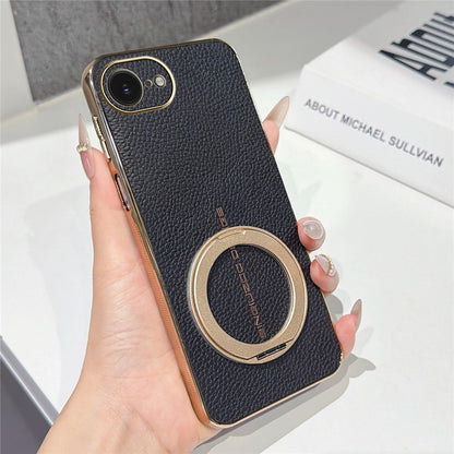 Magnetic Case For iPhone 17e  /  16e Litchi Pattern TPU PU Cover with Electroplated Metal Ring Kickstand