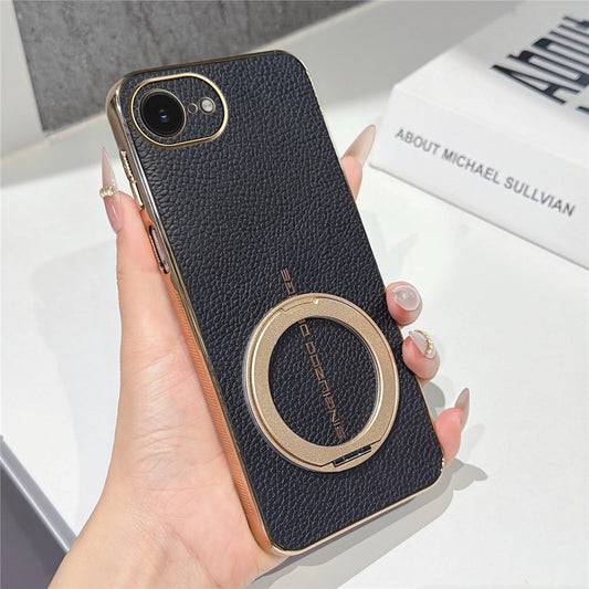 Magnetic Case For iPhone 17e  /  16e Litchi Pattern TPU PU Cover with Electroplated Metal Ring Kickstand
