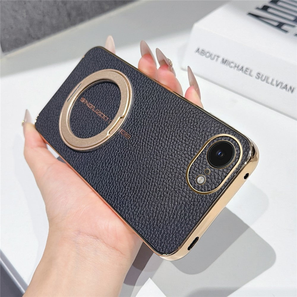 Magnetic Case For iPhone 17e  /  16e Litchi Pattern TPU PU Cover with Electroplated Metal Ring Kickstand