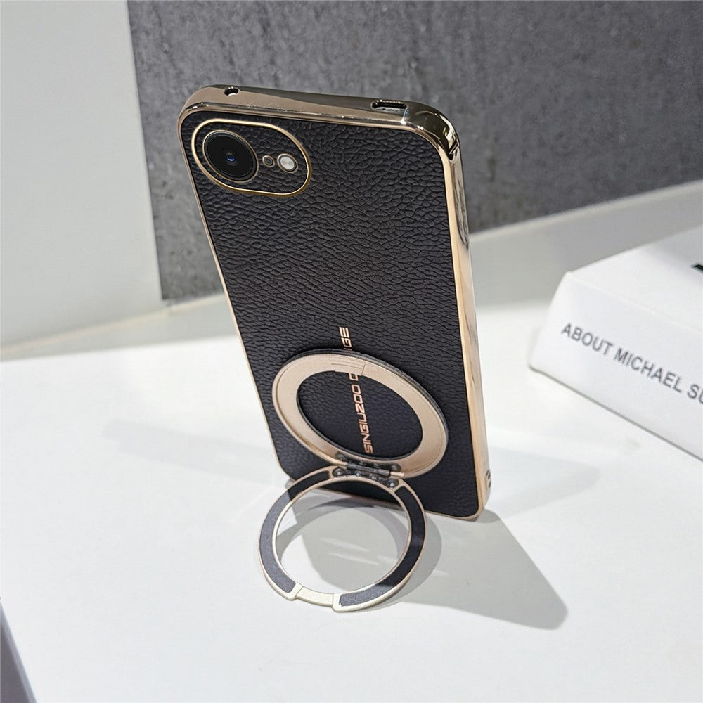 Magnetic Case For iPhone 17e  /  16e Litchi Pattern TPU PU Cover with Electroplated Metal Ring Kickstand