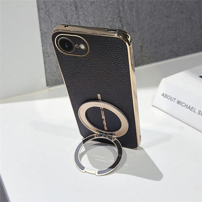 Magnetic Case For iPhone 17e  /  16e Litchi Pattern TPU PU Cover with Electroplated Metal Ring Kickstand